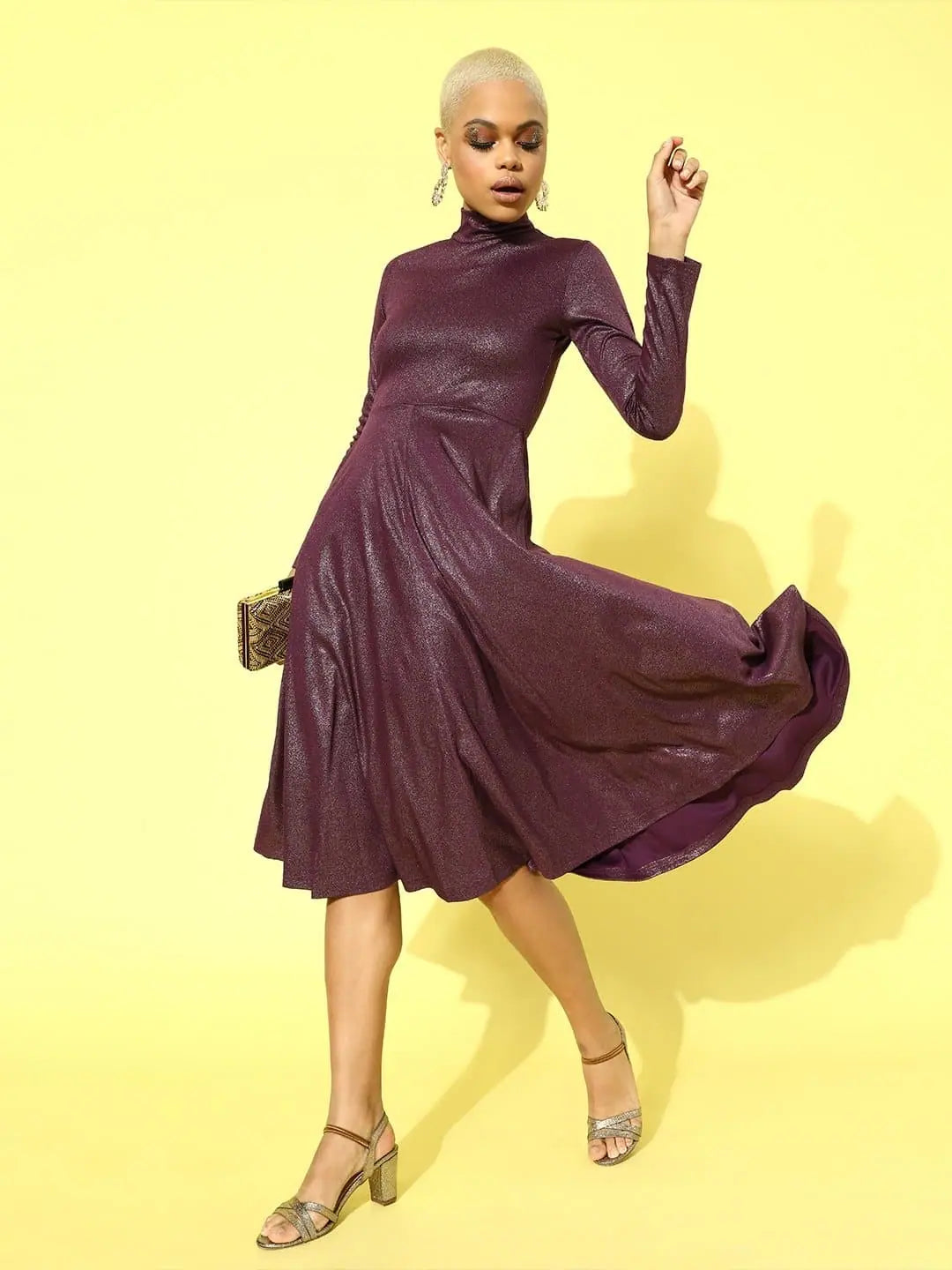 Summer dresses for hot weatherPurple Metallic High Neck Flared Midi Dress