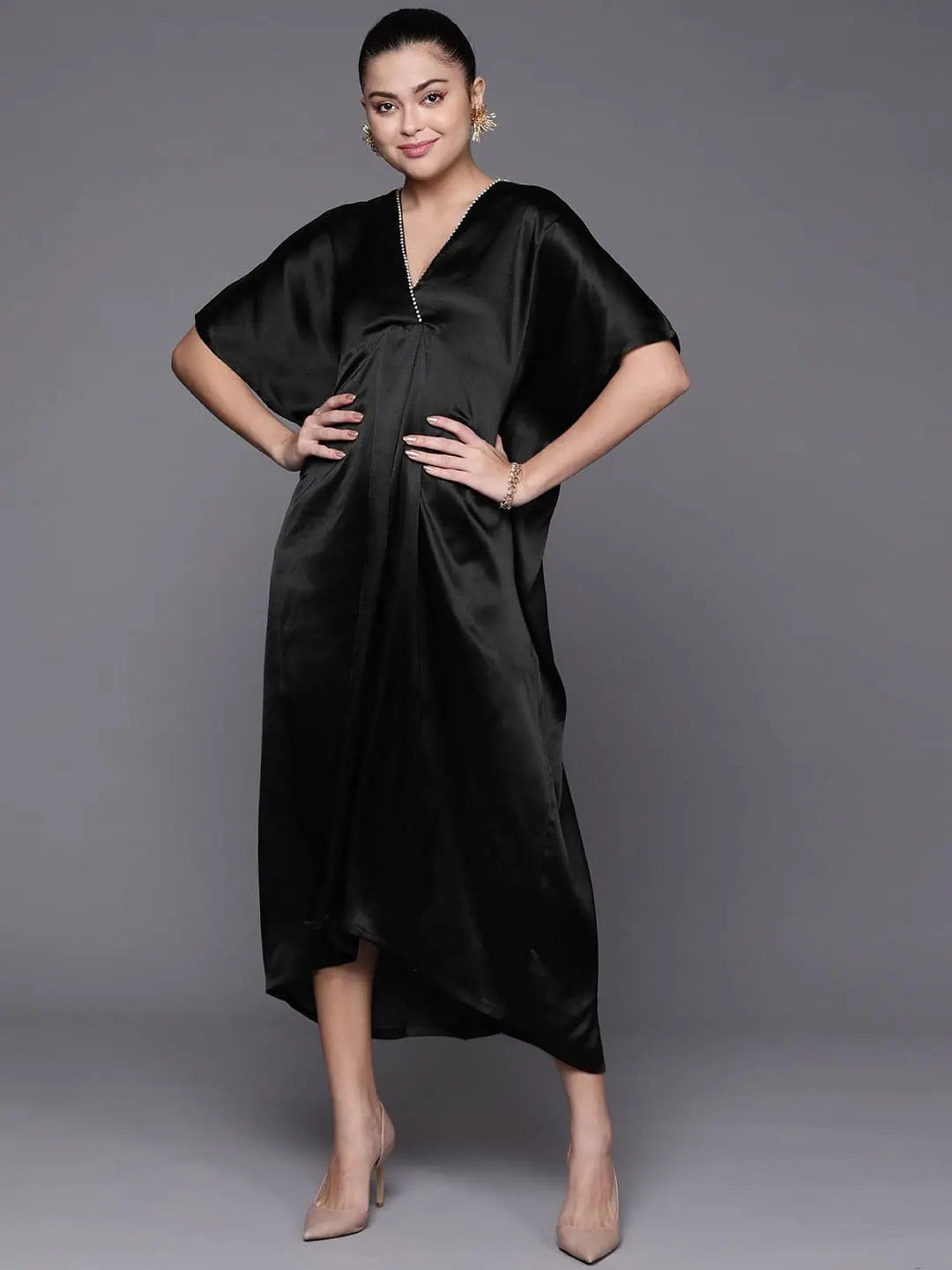 Autumn dresses for fall fashionWomen Black Satin Kaftan Midi Dress