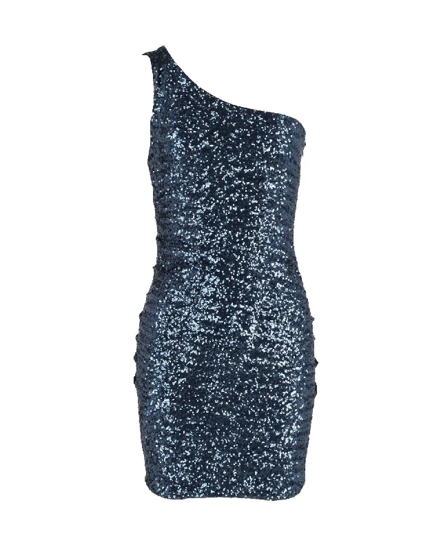 Evening gowns for formal eventsMaje One Shoulder Mini Dress in Blue Sequin