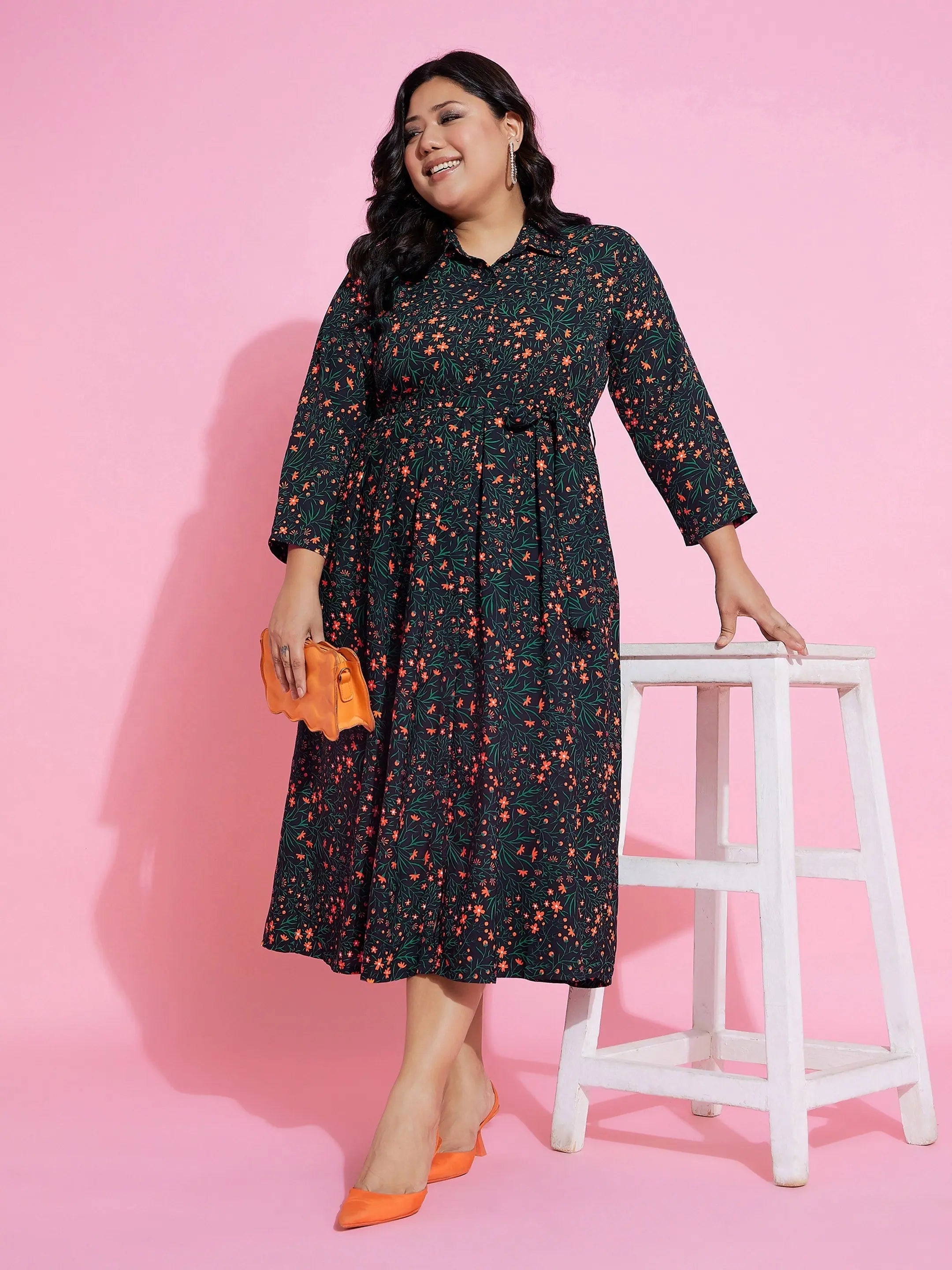 Limited edition dresses for collectorsWomen Green & Orange Floral Belted Midi Shirt Dress