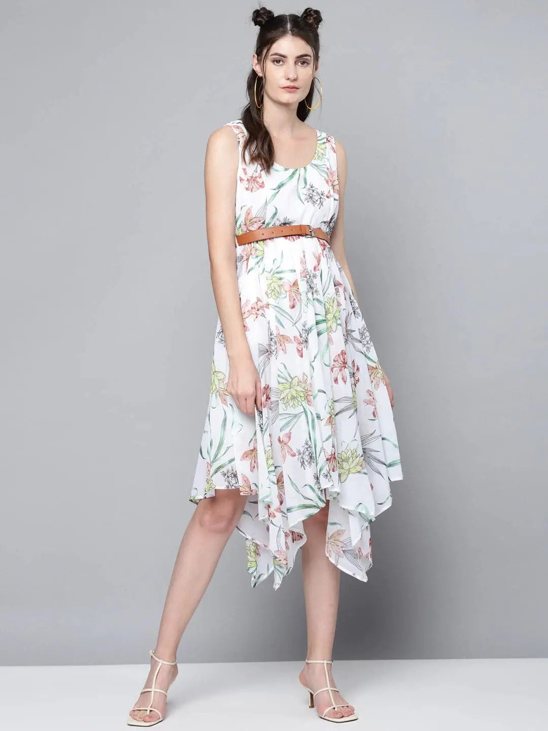 Velvet dresses for winterWhite Floral Asymmetric Belted Midi Dress