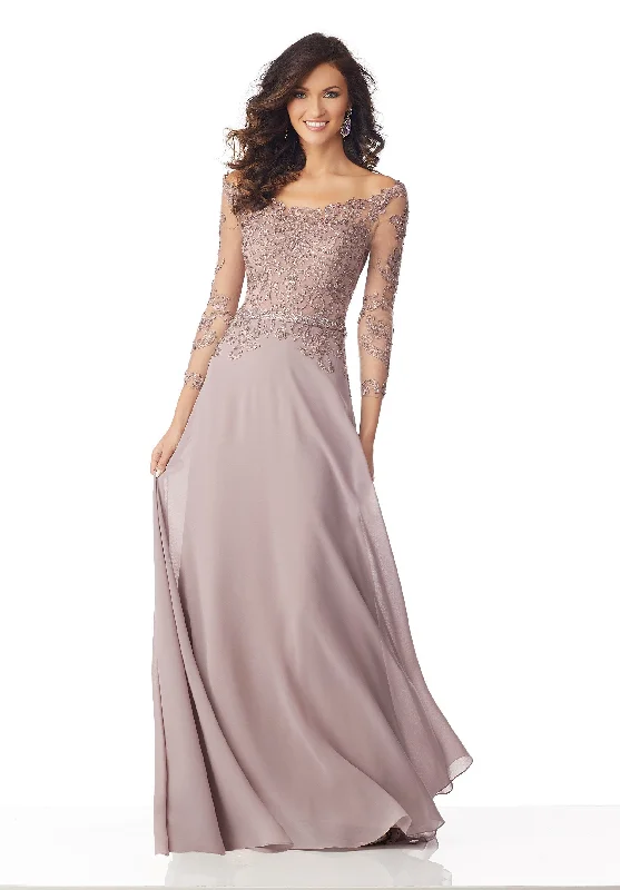 Tight-fitting dresses for womenMGNY By Mori Lee - Beaded Illusion Sleeve Chiffon A-Line Gown 71806