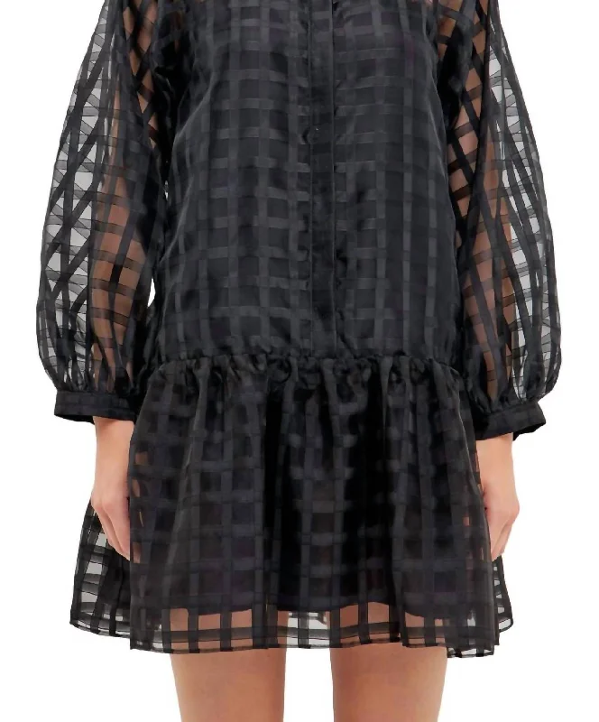 Striped dresses for womenCheck Organza Buttoned Long Sleeve Mini Dress In Black