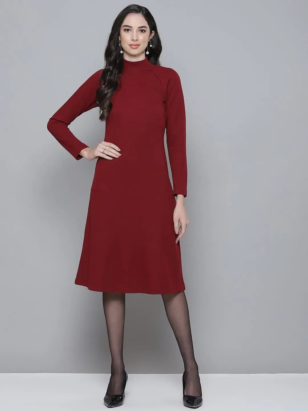 Transitional dresses for in-between seasonsMaroon Rib Turtle Neck Raglan Sleeve Midi Dress