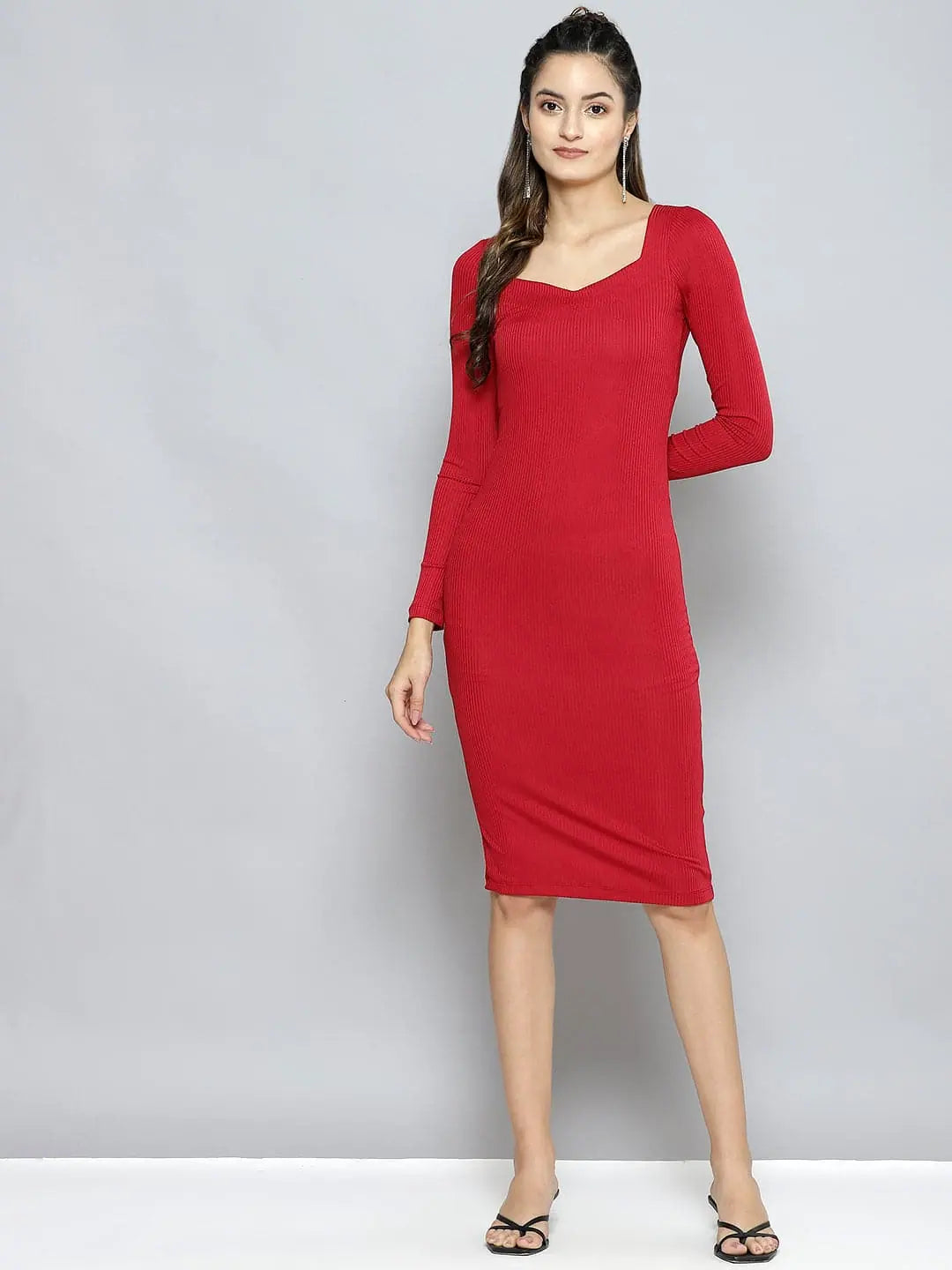 Batwing sleeve dresses for womenWomen Red Rib Sweetheart Neck BodyCon Midi Dress