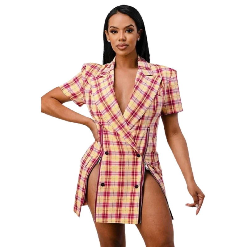 Patterned dresses for womenWide Collared Double Breasted Plaid Blazer Mini Dress