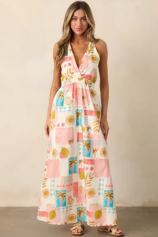 Chiffon dresses for womenVibrant Tides Pink Multi Tropical Print Maxi Dress