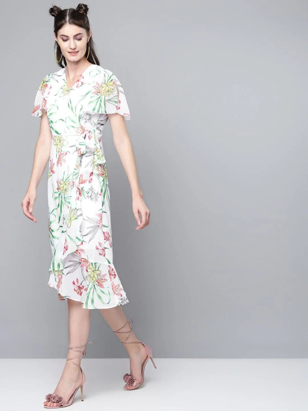 Corduroy dresses for womenWhite Floral Wrap Midi Dress