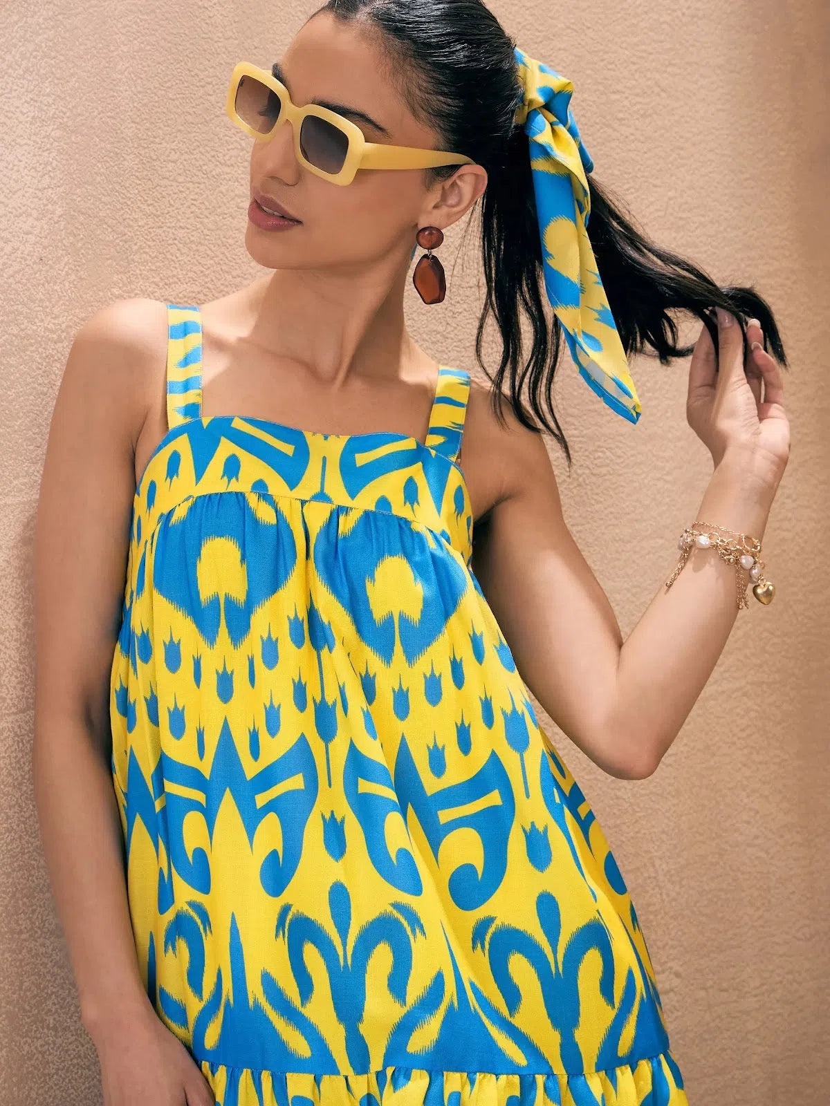 High-neck dresses for womenWomen Yellow & Blue Ikat Loose Fit Strappy Tiered Maxi