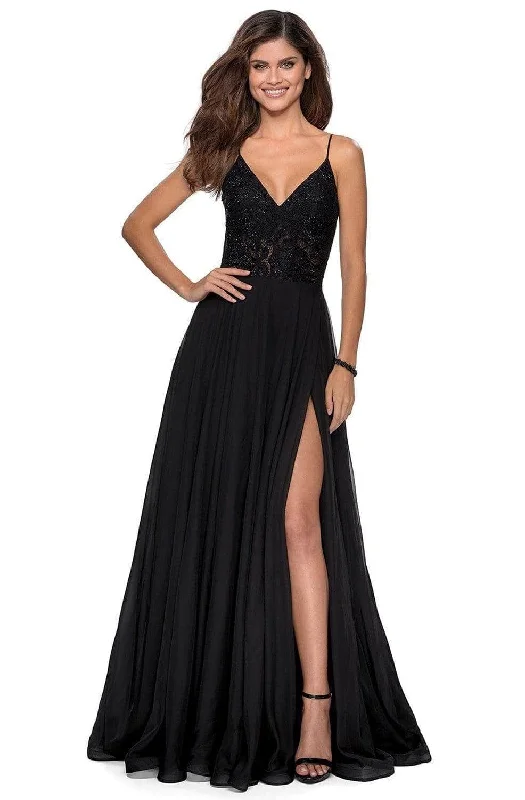 Statement dresses for making a fashion statementLa Femme - Lace V-Neck A-Line Prom Dress 28664SC