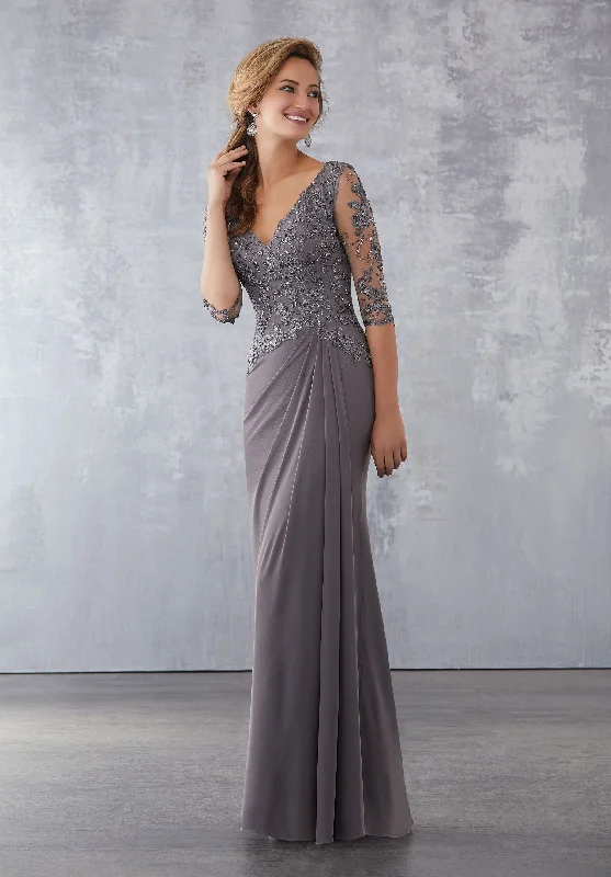 High-low hem dresses for womenMGNY By Mori Lee - Embellished Deep V-Neck Draped Skirt Dress 71728