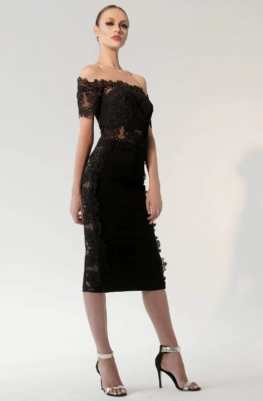 Godet dresses for womenNicole Bakti - 592 Lace Appliqued Off-Shoulder Cocktail Dress