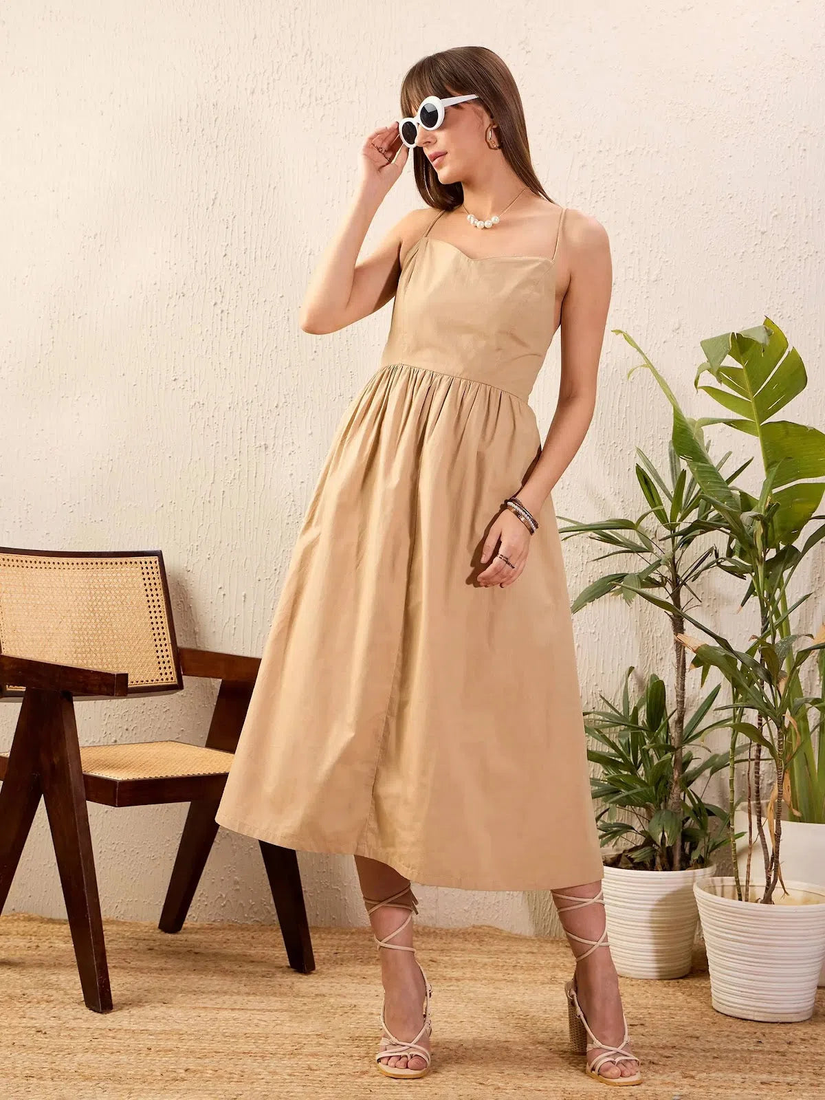 Round-neck dresses for womenWomen Beige Strappy Back Tie Midi Dress