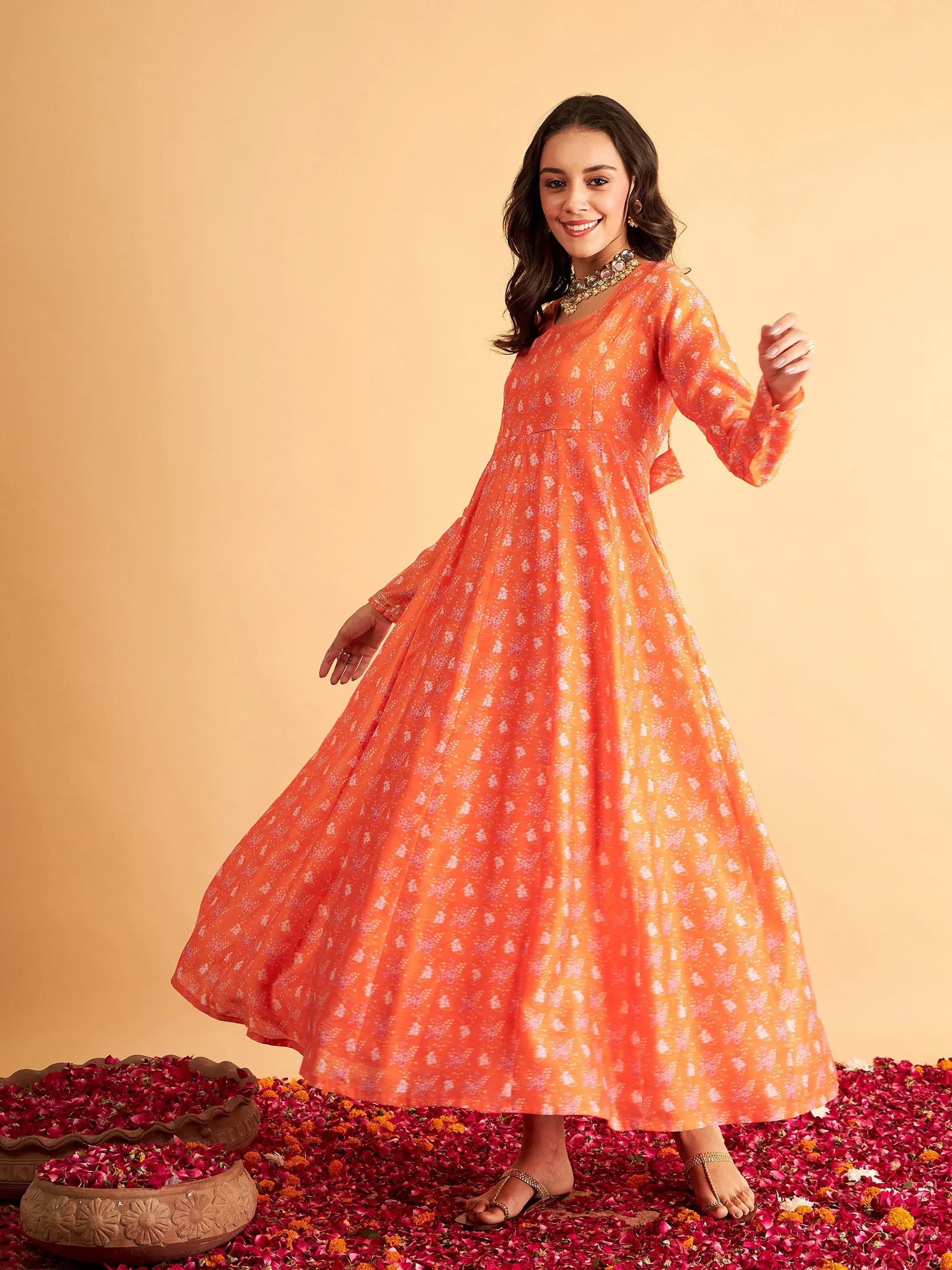 Wrap dresses for womenWomen Orange Floral Anarkali Maxi Dress