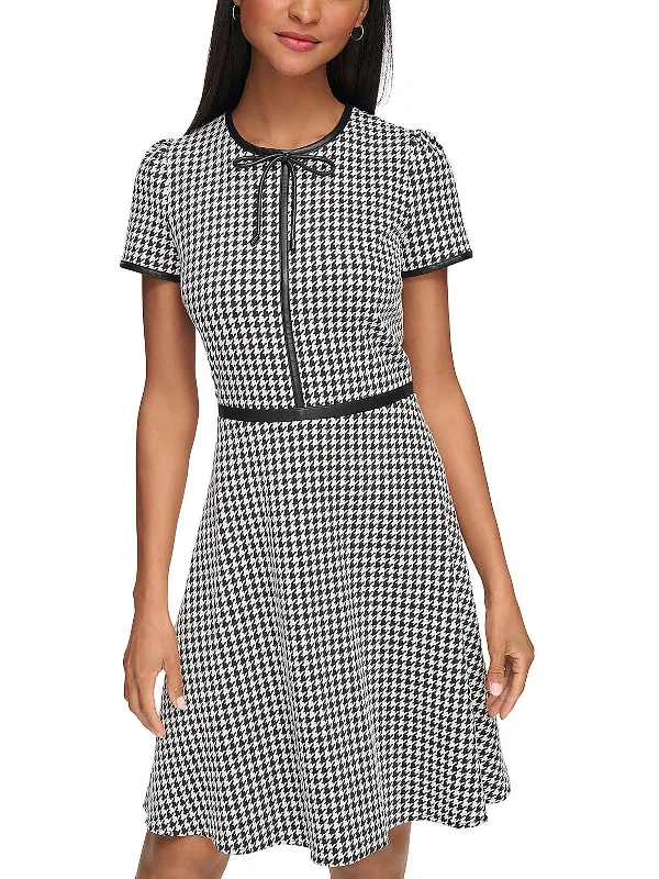 Plunging neckline dresses for womenWomens Houndstooth Bow Neck Mini Dress