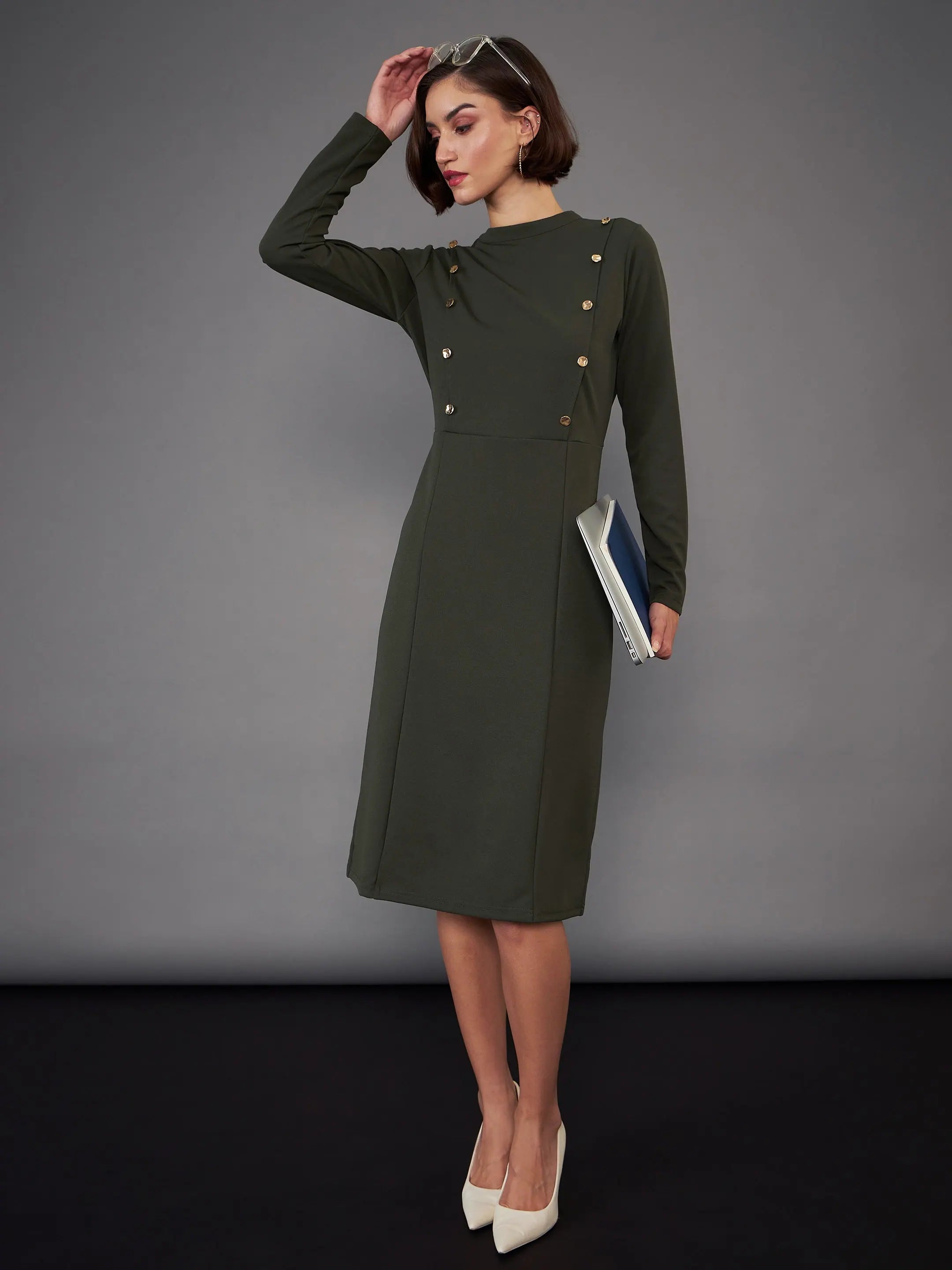 Autumn dresses for fall fashionWomen Olive Button Yoke Belted Midi Dress