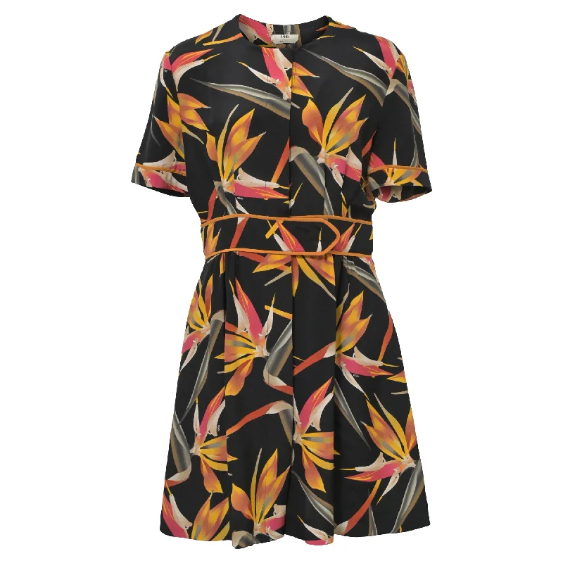 Elegant women's dressesFendi Mini Floral Printed Concealed Button Dress in Black Silk