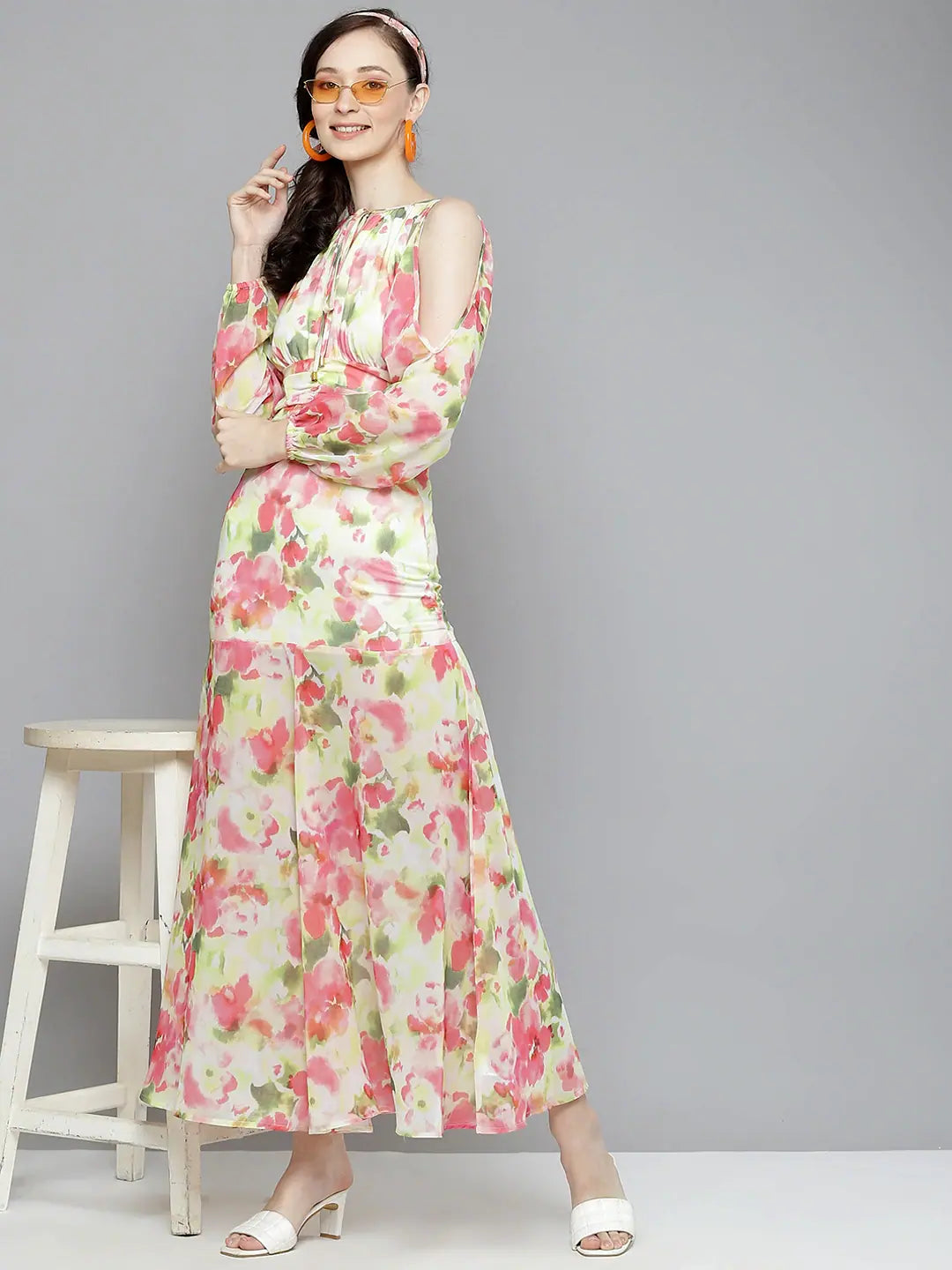 Handmade dresses for unique fashion statementsWomen White & Pink Floral Cold Shoulder Maxi