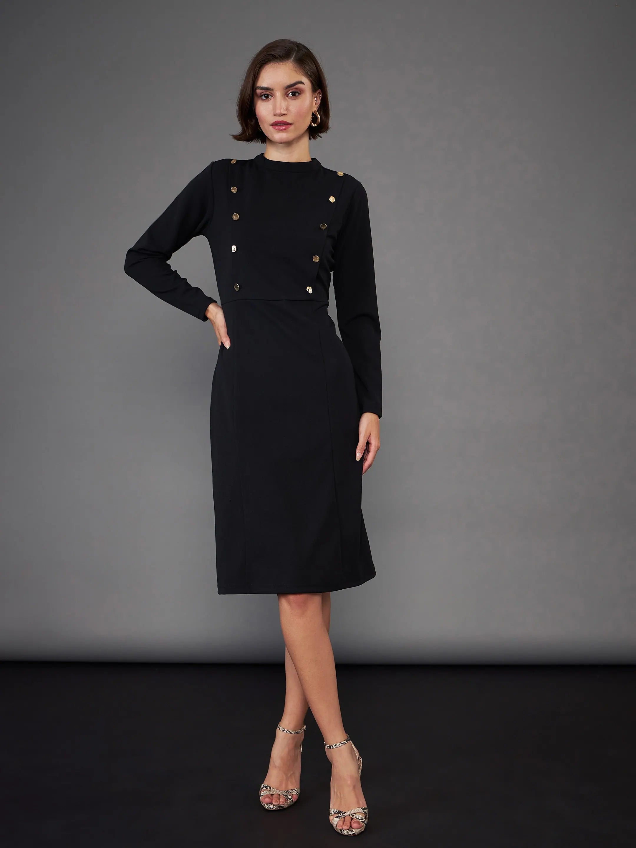 Statement dresses for making a fashion statementWomen Black Button Yoke Belted Midi Dress