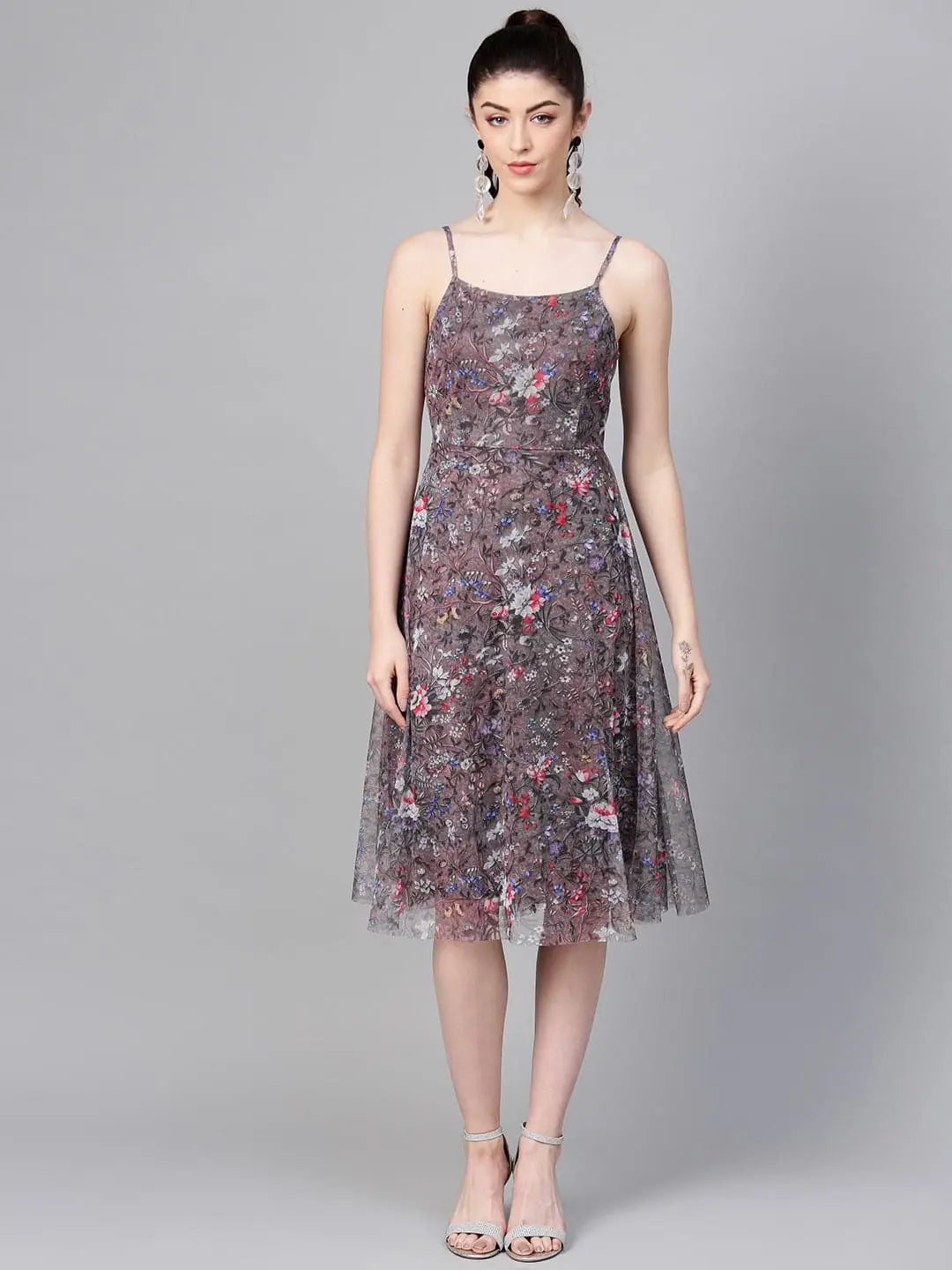 Batwing sleeve dresses for womenBrown Mesh Floral Strappy Midi