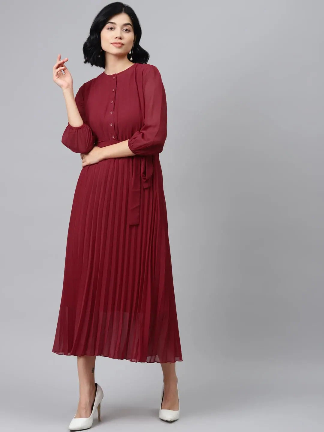 Plunging neckline dresses for womenMaroon Pleated Midi Dress