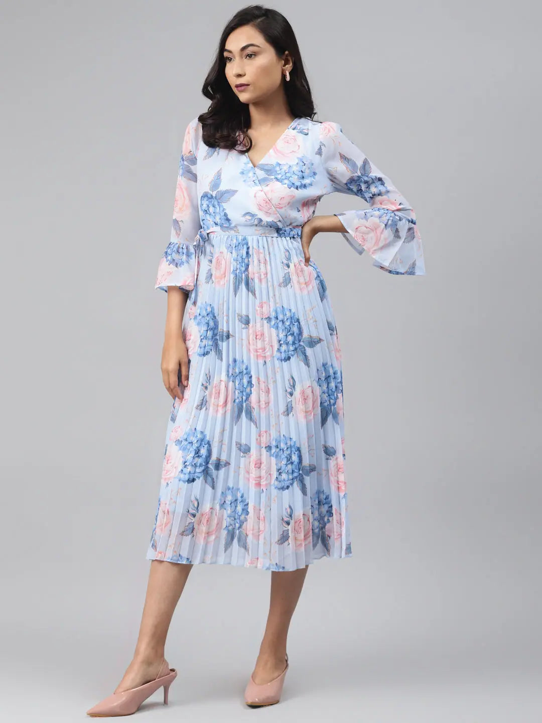 Striped dresses for womenLight Blue Floral Pleated Midi Dress