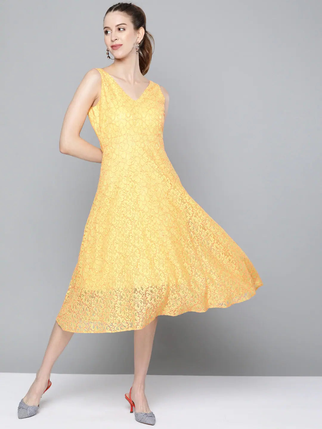 Day dresses for everyday wearYellow Lace V-Neck Midi Dress