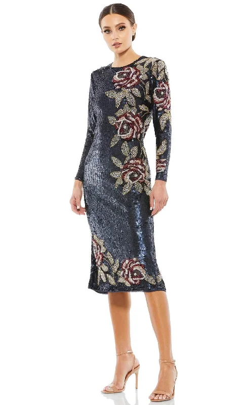 Loose-fitting dresses for womenMac Duggal 93624 - Floral Beadwork Long Sleeved Midi Dress