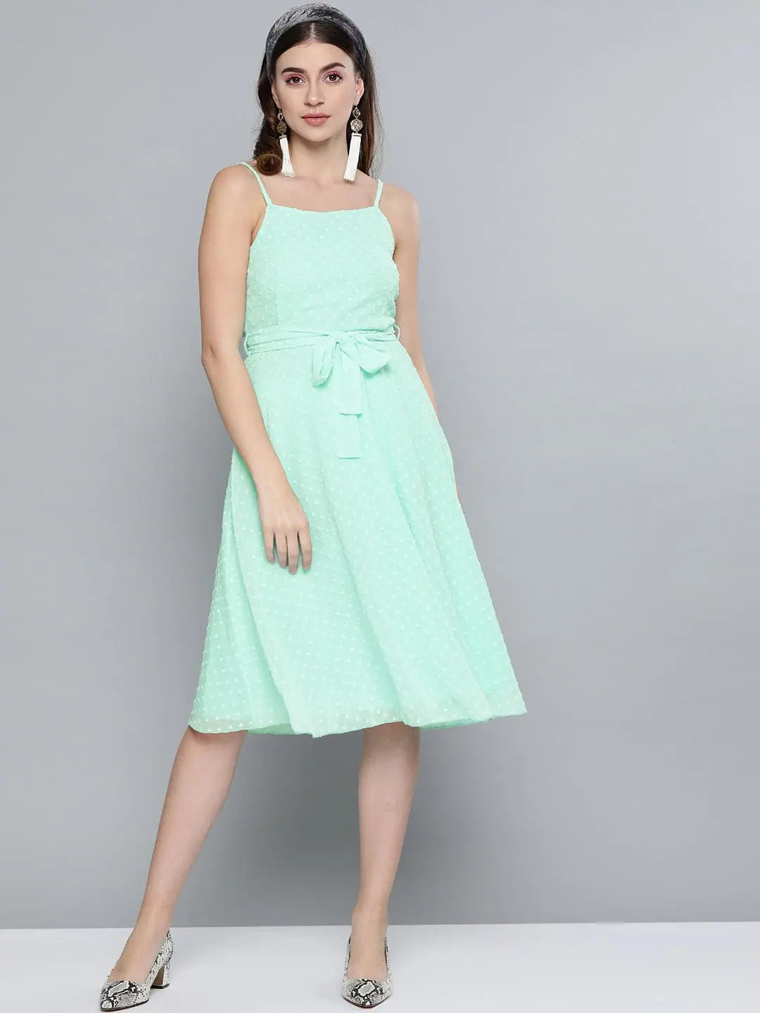 Short and sweet dresses for womenMint Green Dobby Strappy Belted Midi Dress