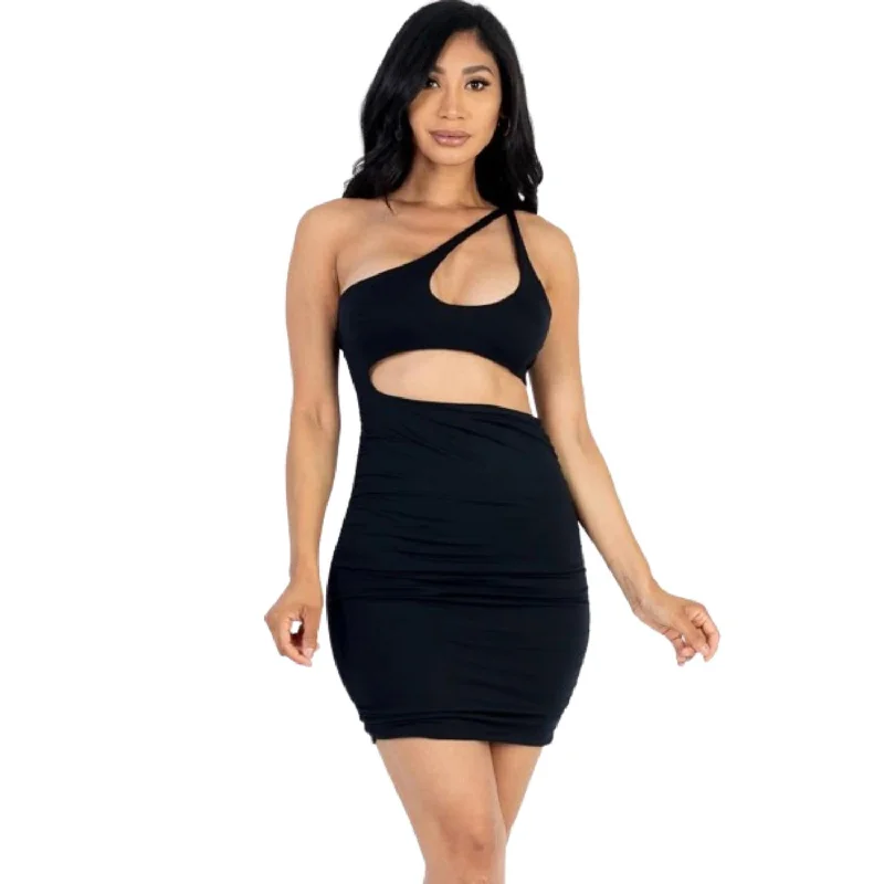 Tight-fitting dresses for womenOne Shoulder Cut-out Front Ruched Bodycon Mini Dress