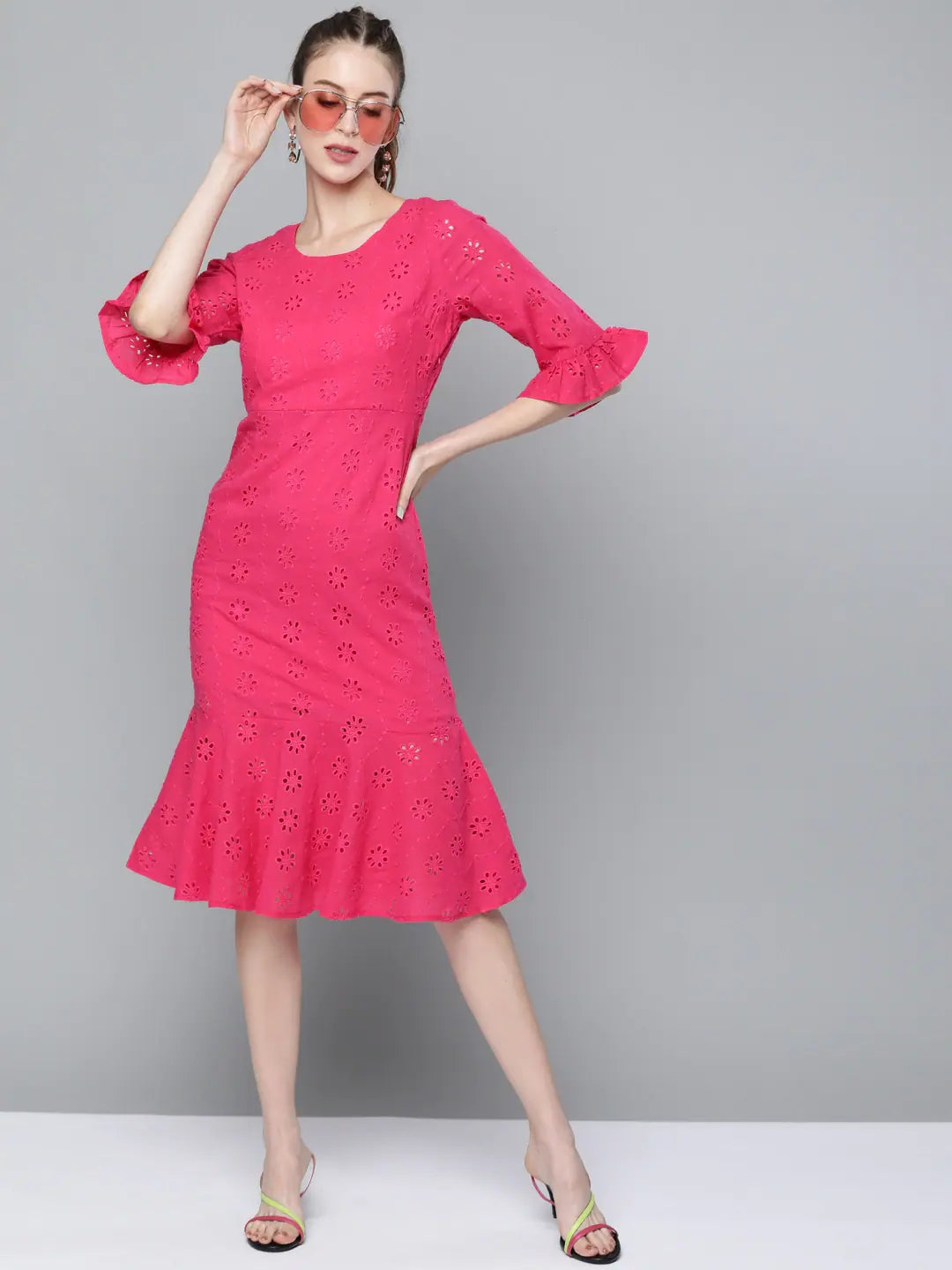 Evening gowns for formal eventsFuchsia Schiffli Frill Hem Midi Dress