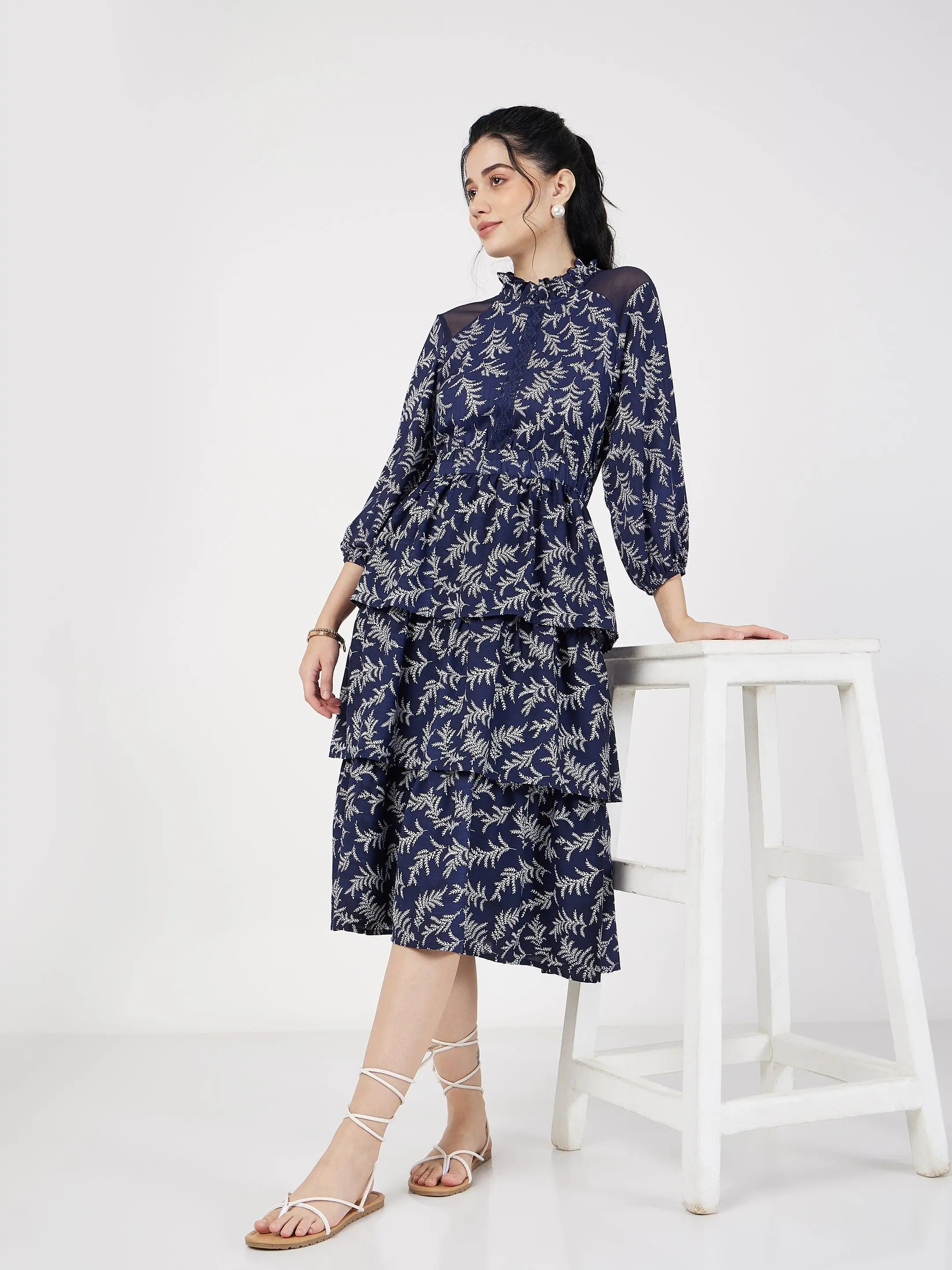 Cotton dresses for everyday wearWomen Blue Floral Tiered Midi Dress