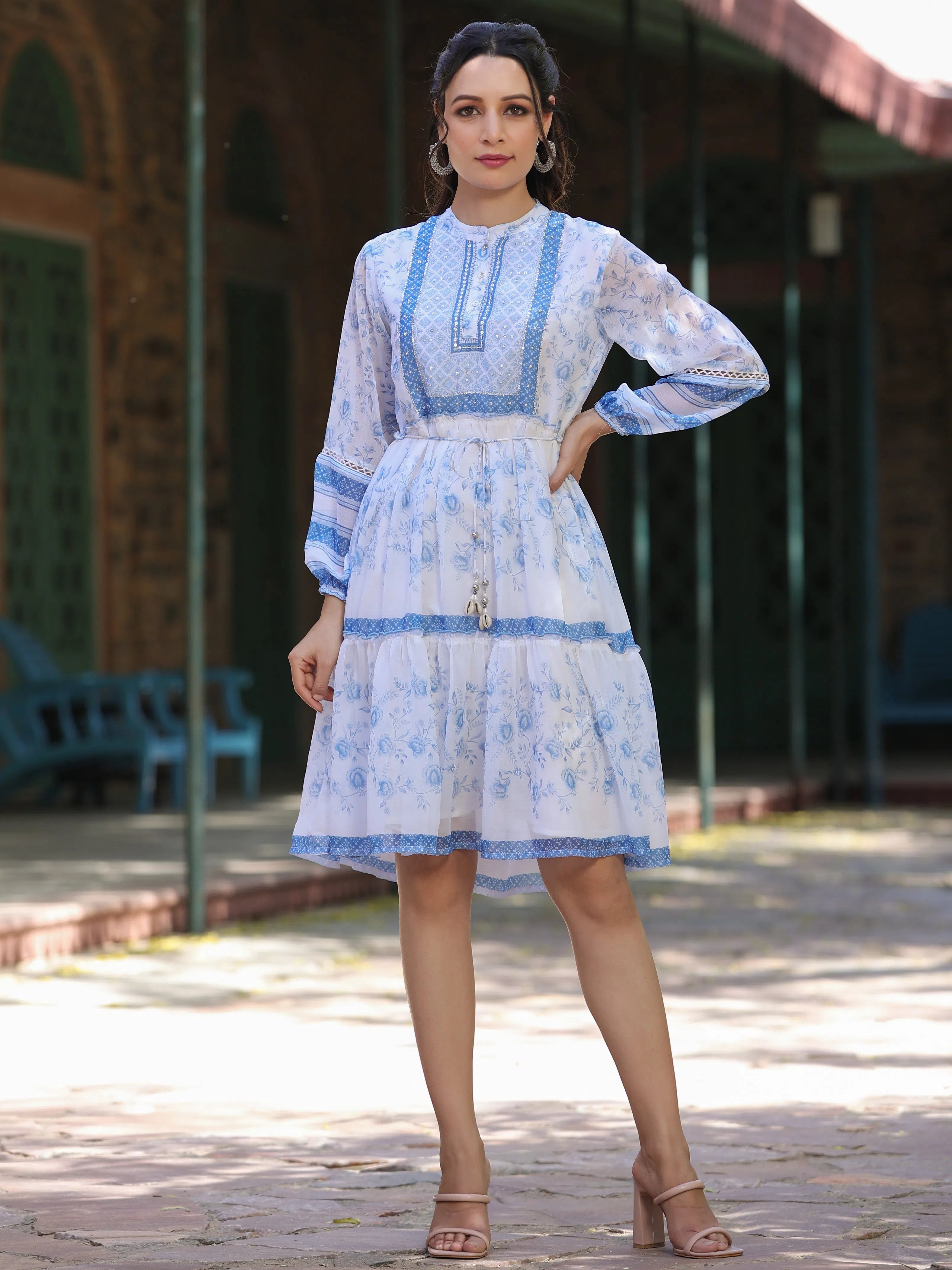 Embroidered dresses for womenJuniper Women Off-White Chiffon Floral Printed Tiered Midi Dress.