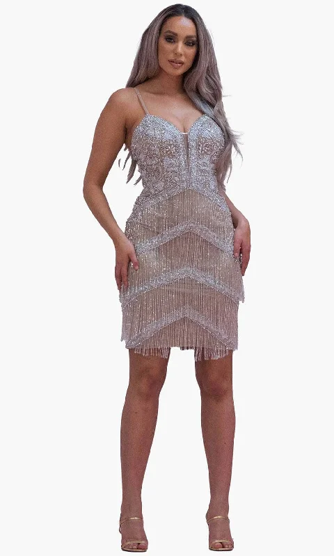 V-neck dresses for womenChic and Holland SD1831 - Beaded Fringed Cocktail Dress