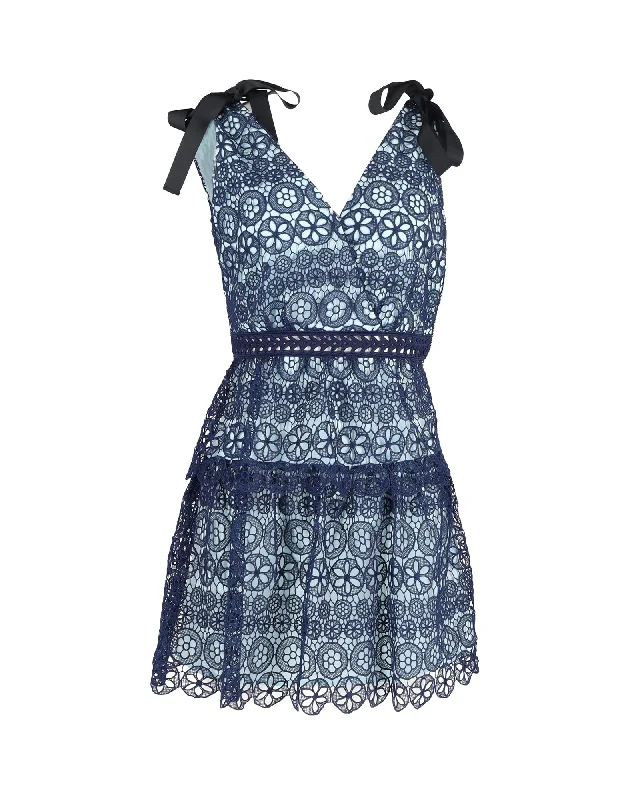 Bohemian women's dressesSelf-Portrait Tiered Bow-Detailed Mini Dress in Blue Polyester Guipure Lace