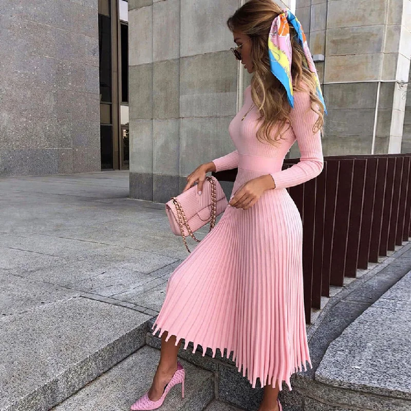 High-low hem dresses for womenRibbed Long Sleeve High Neck Knit Pleated Midi Sweater Dress - Pink