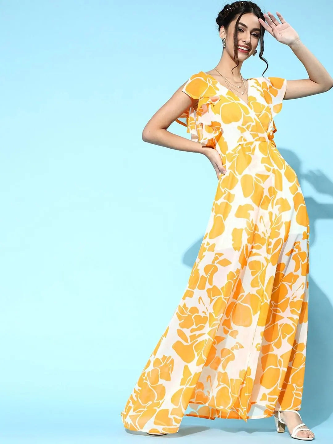 Linen dresses for summerMustard Floral Frill Sleeve Maxi