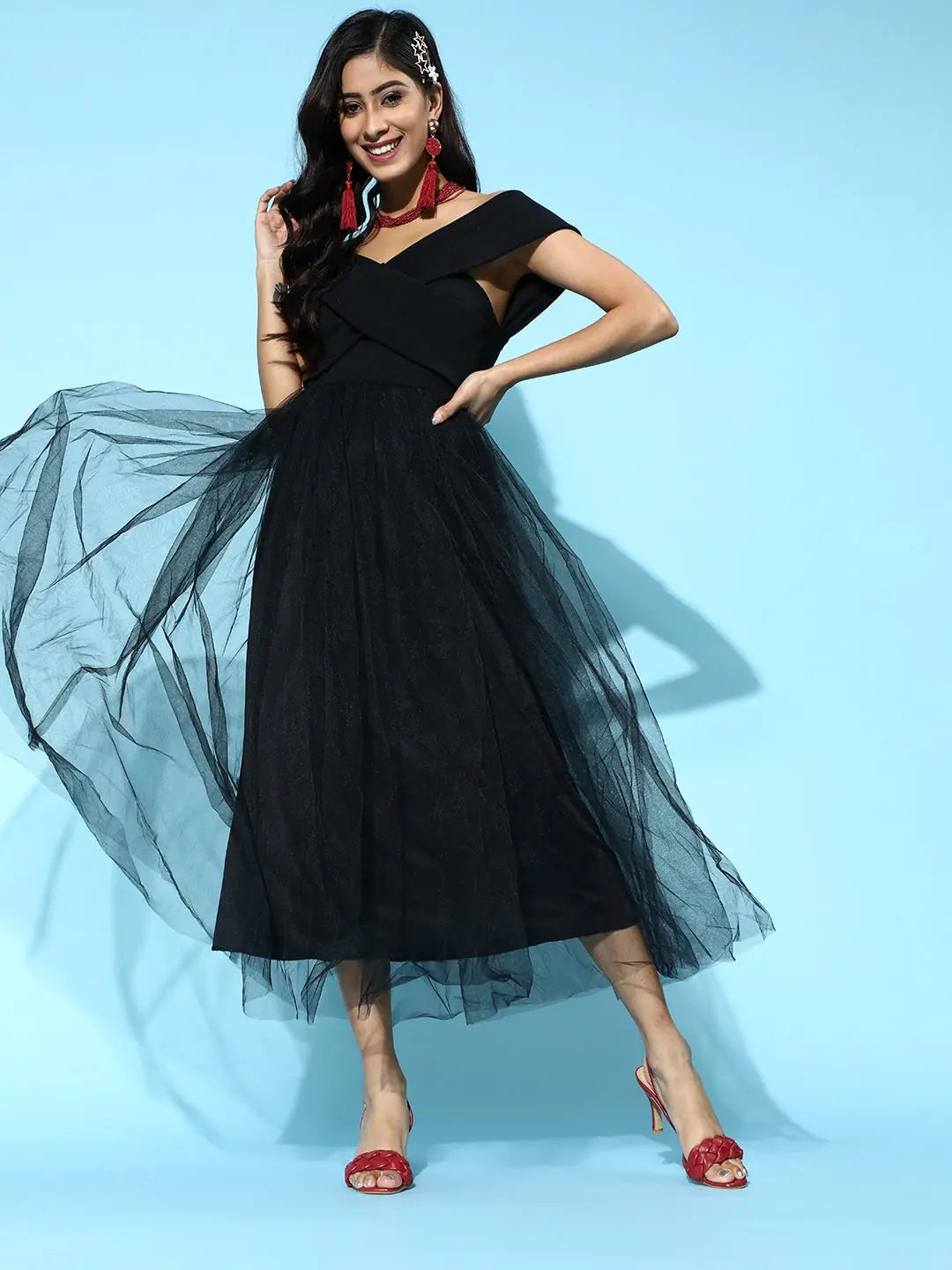 Festival dresses for music and arts eventsBlack Tulle Bardot Midi Dress