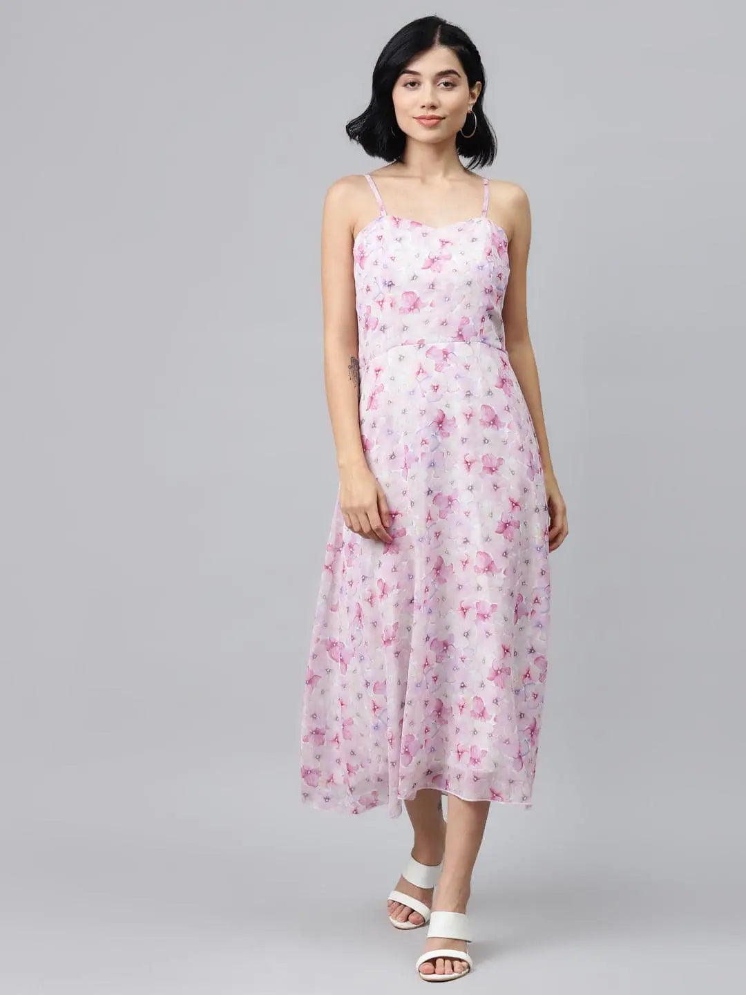 Solid color dresses for womenPink Floral Strappy Midi Dress