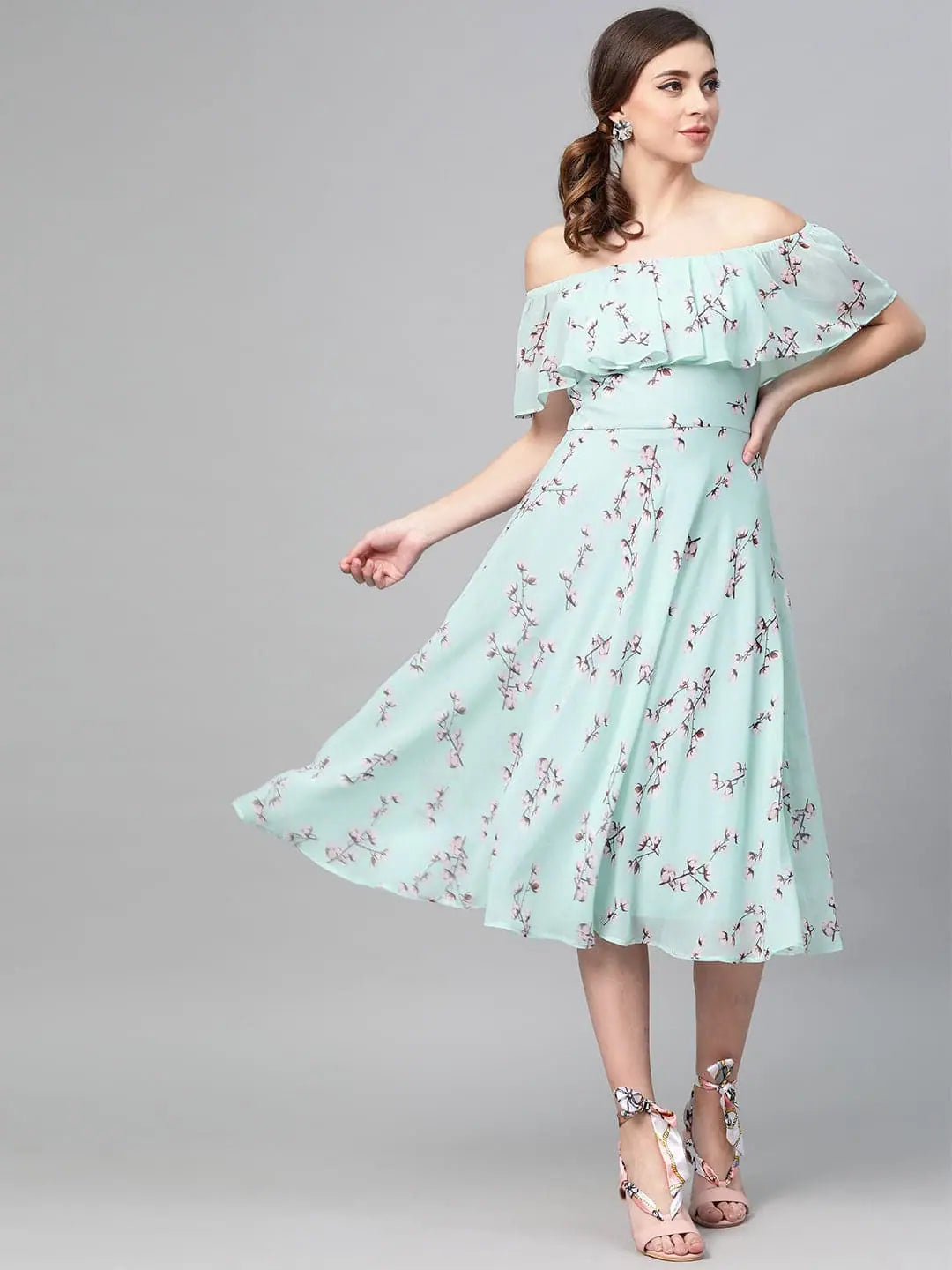 Workwear women's dressesSea Green Floral Off Shoulder Midi Dress