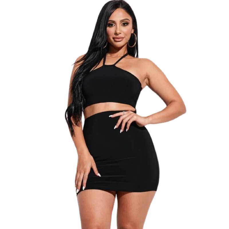 Plus-size dresses for womenSolid Knit Double Layered Halter Neck Mini Dress With Front Cut Out