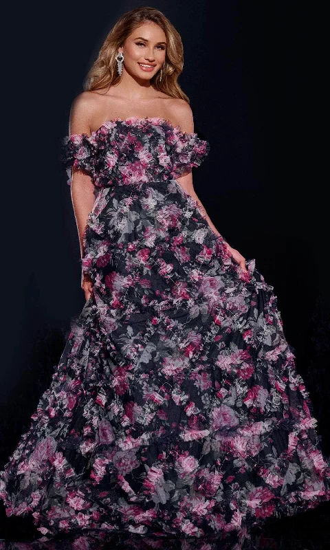 Spring dresses for blossoming stylesJovani 40331 - Floral Print Off Shoulder Prom Gown