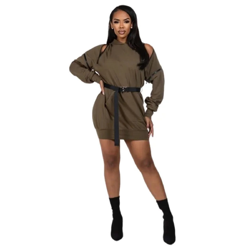 Mother-of-the-bride dressesDouble Zipper Long Sleeve Hooded Mini Dress