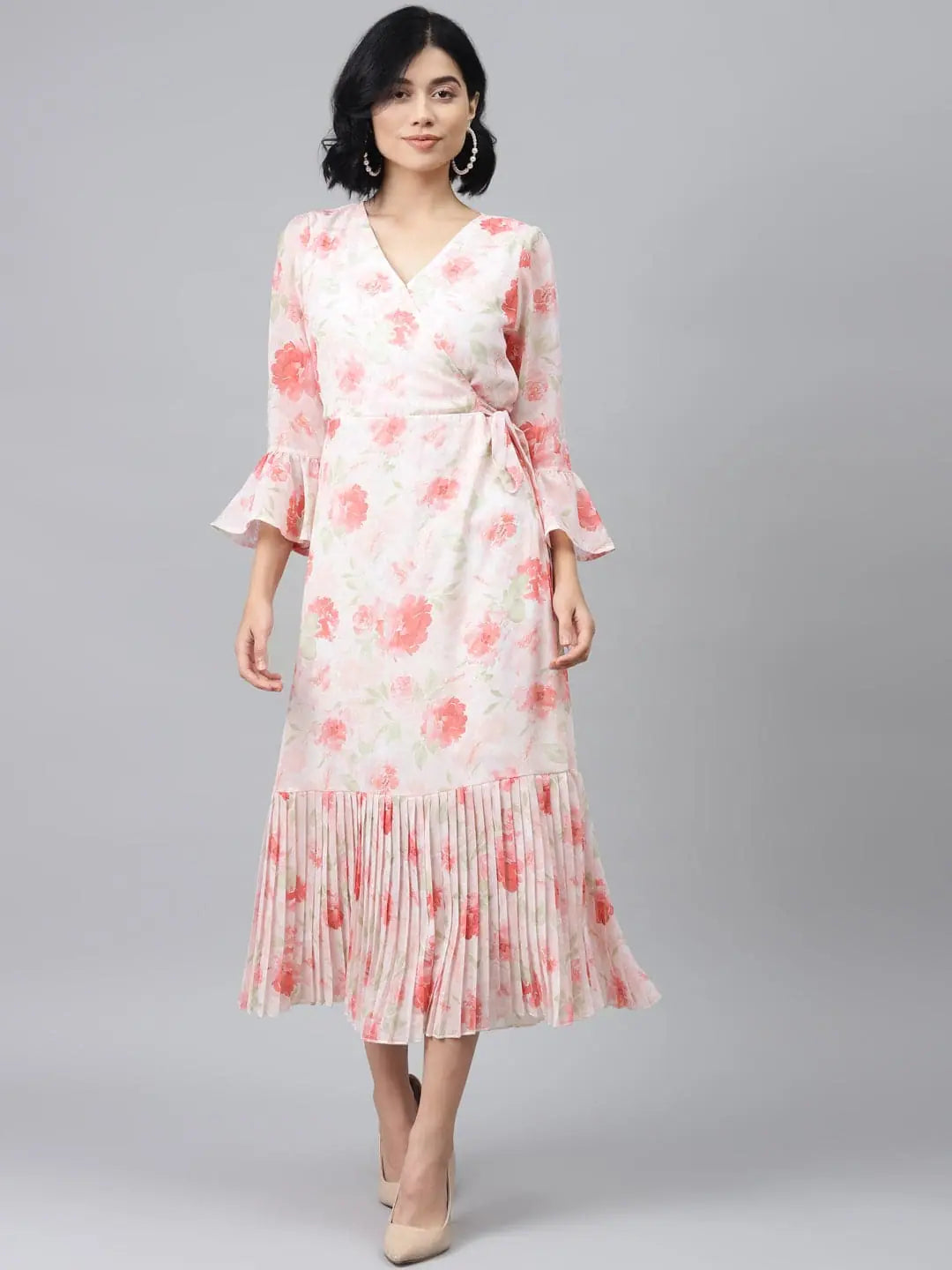 Halter dresses for womenLight Pink Floral Pleated Midi Dress