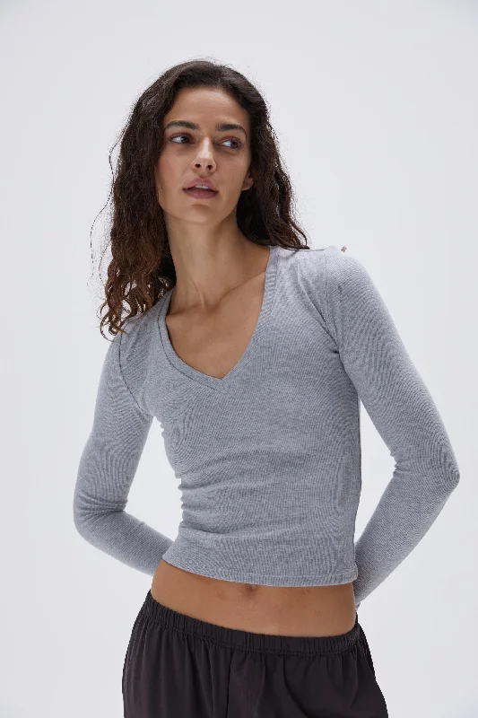 lingerie inspired by lingerie fashion showsRib V-Neck Long Sleeve Top - Grey Melange