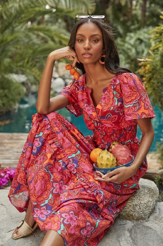 Beach dresses for casual outingsRaveena Floral Palmer Poplin Tiered Maxi Dress