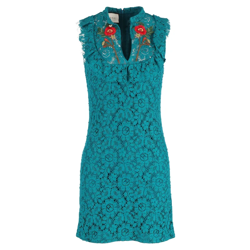 Cap sleeve dresses for womenGucci Mini Lace Flower-Embroidered Sleeveless Dress in Turquoise Cotton