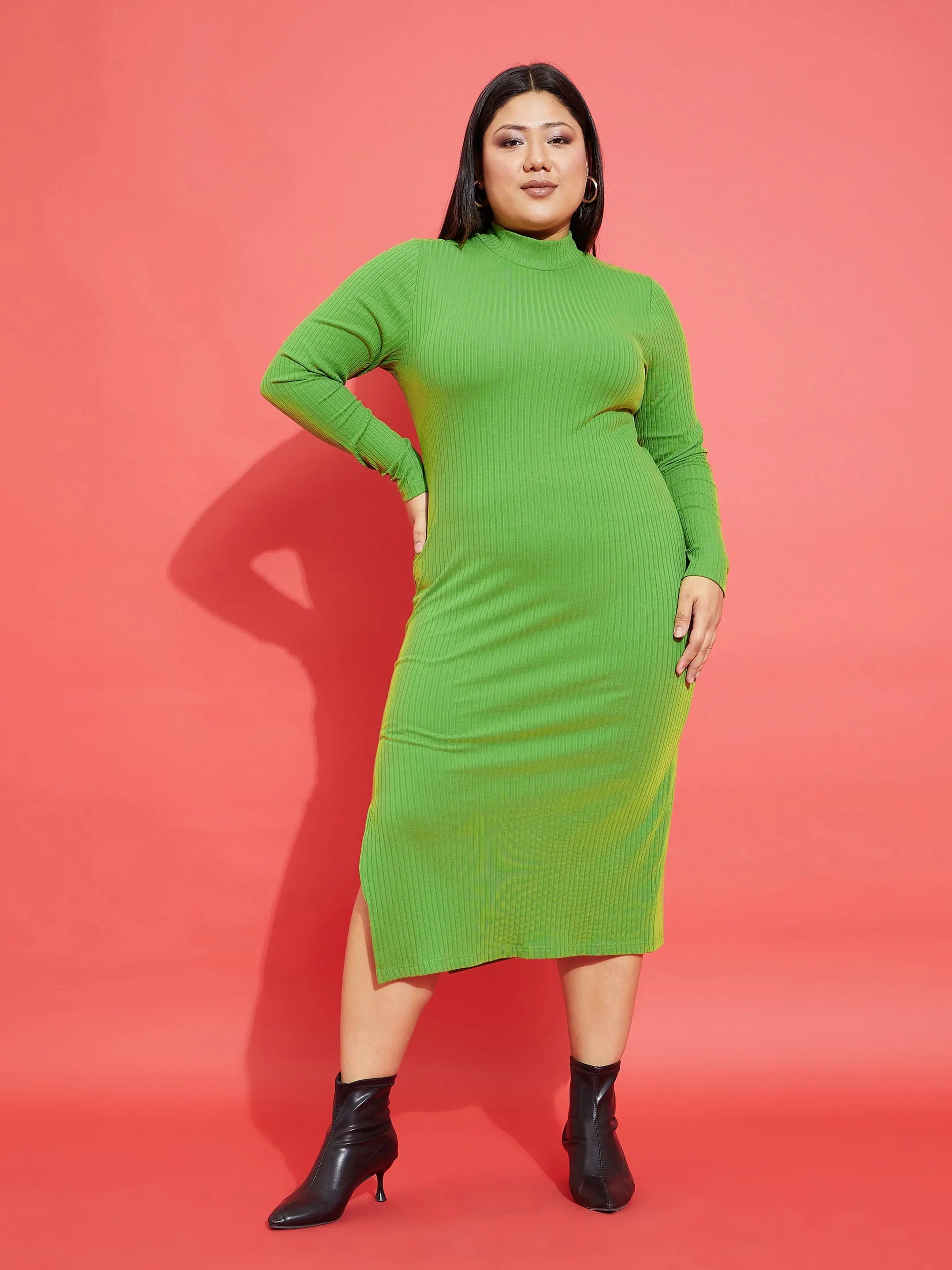 Tall women's dressesWomen Green Rib Side Slit Bodycon Midi Dress