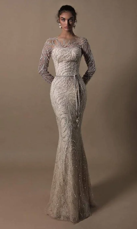 Fit-and-flare dresses for womenTarik Ediz - 96013 Long Sheer Sleeve Bedazzled Corset Sheath Gown