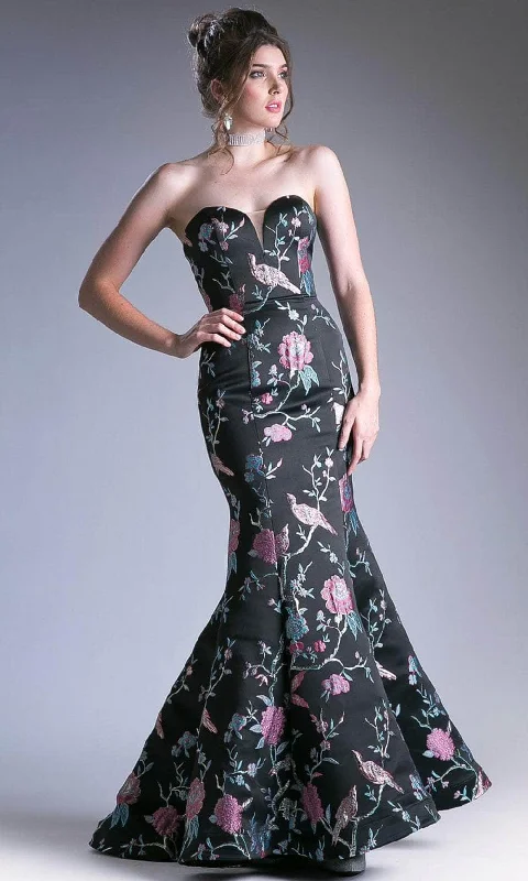 High-neck dresses for womenCinderella Divine CJ240 - Floral Embossed Strapless Mermaid Dress